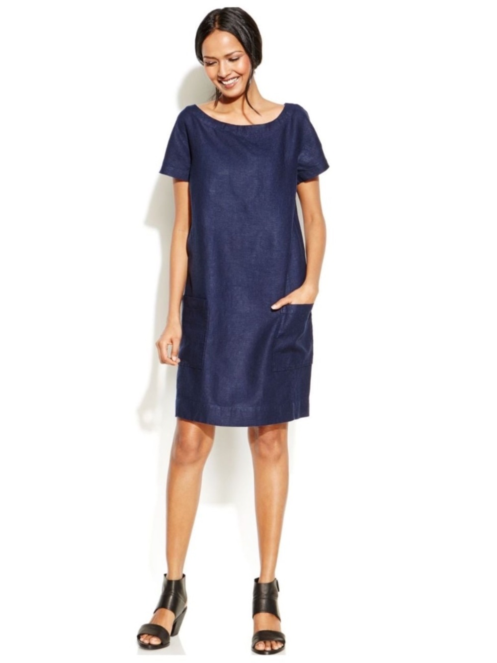 Eileen Fisher 100% Organic Linen Navy Shift Tunic Dress Short Sleeve Pockets XS